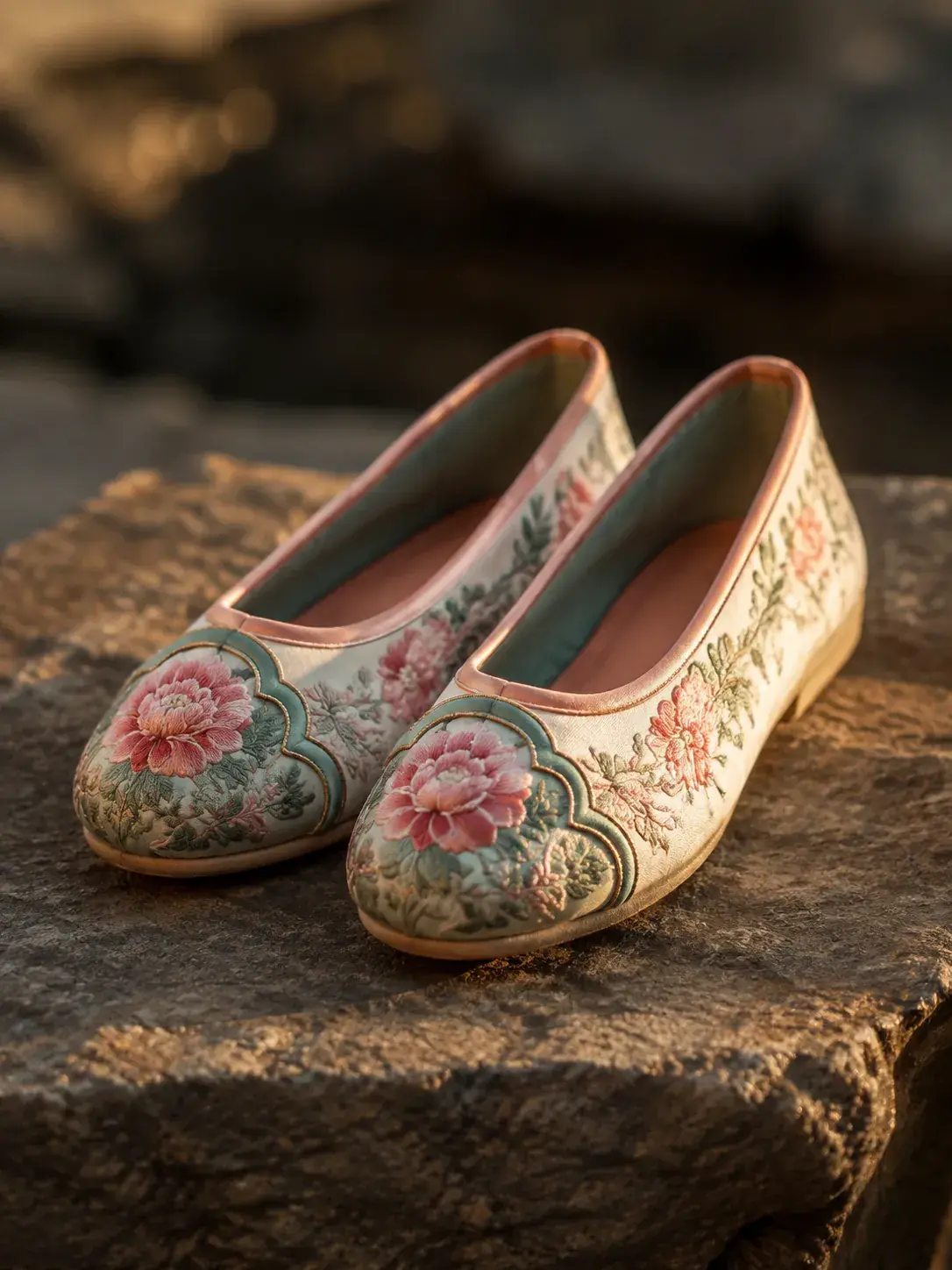 Traditional embroidered Chinese cloth shoes with delicate floral patterns