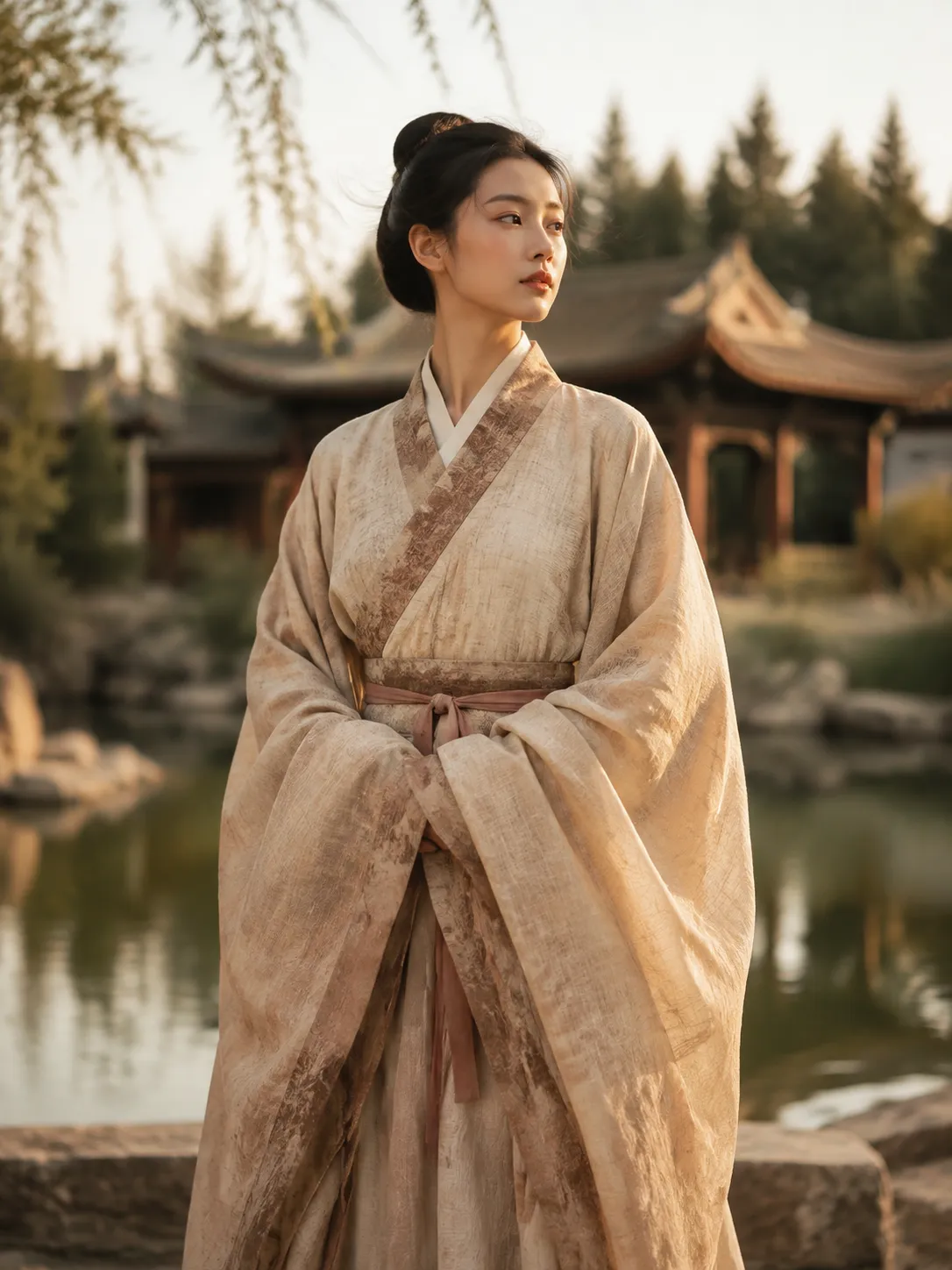 Traditional Han Dynasty shenyi robe with wide sleeves and crossed collar in earthen tones