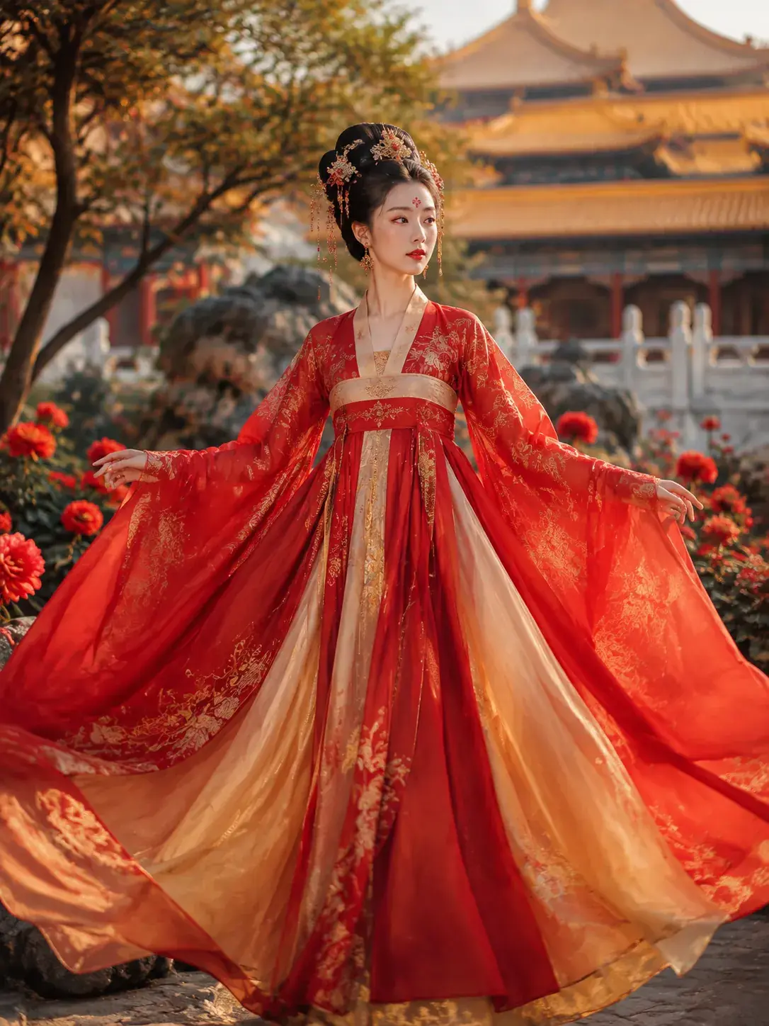 Tang Dynasty Hanfu dress with bold red and gold colors and dramatic flowing silhouette