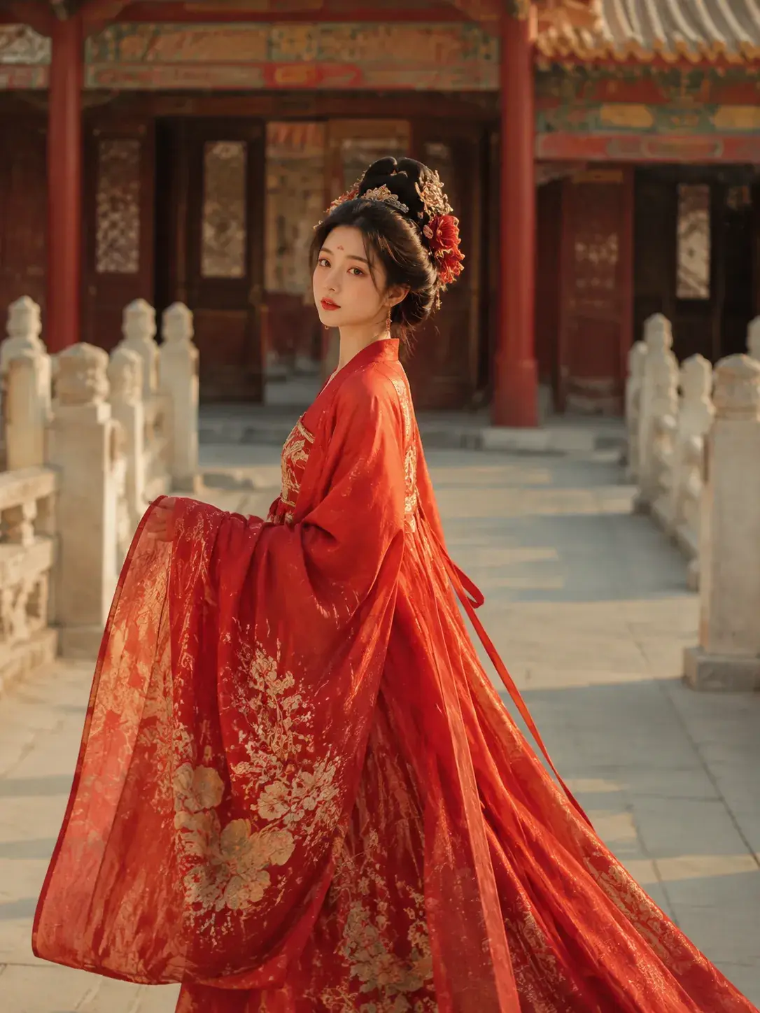 Woman wearing elegant Tang Dynasty red Hanfu dress with flowing wide sleeves in ancient Chinese palace courtyard
