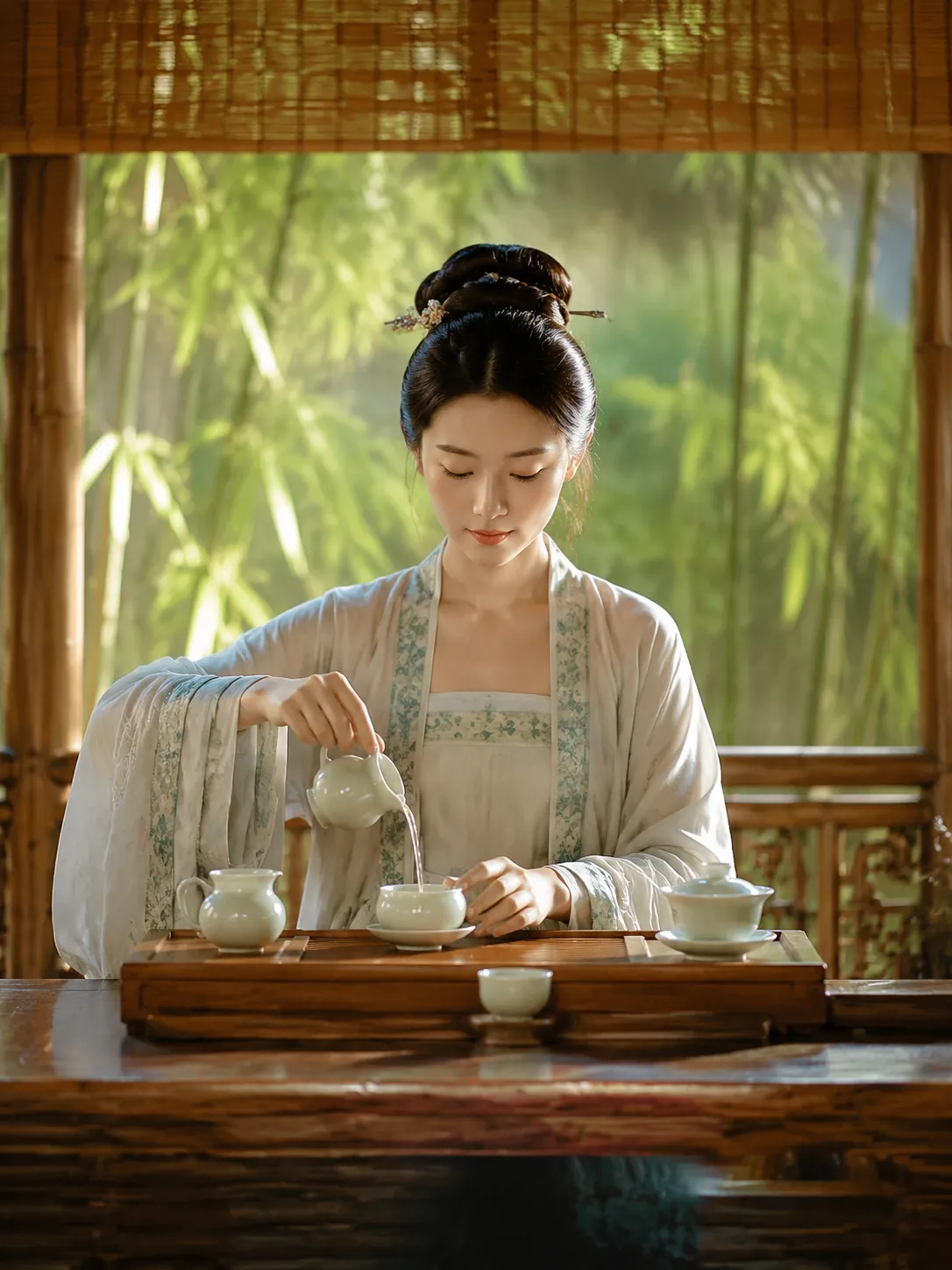 Woman in Song Dynasty Hanfu performing traditional Chinese tea ceremony in bamboo room