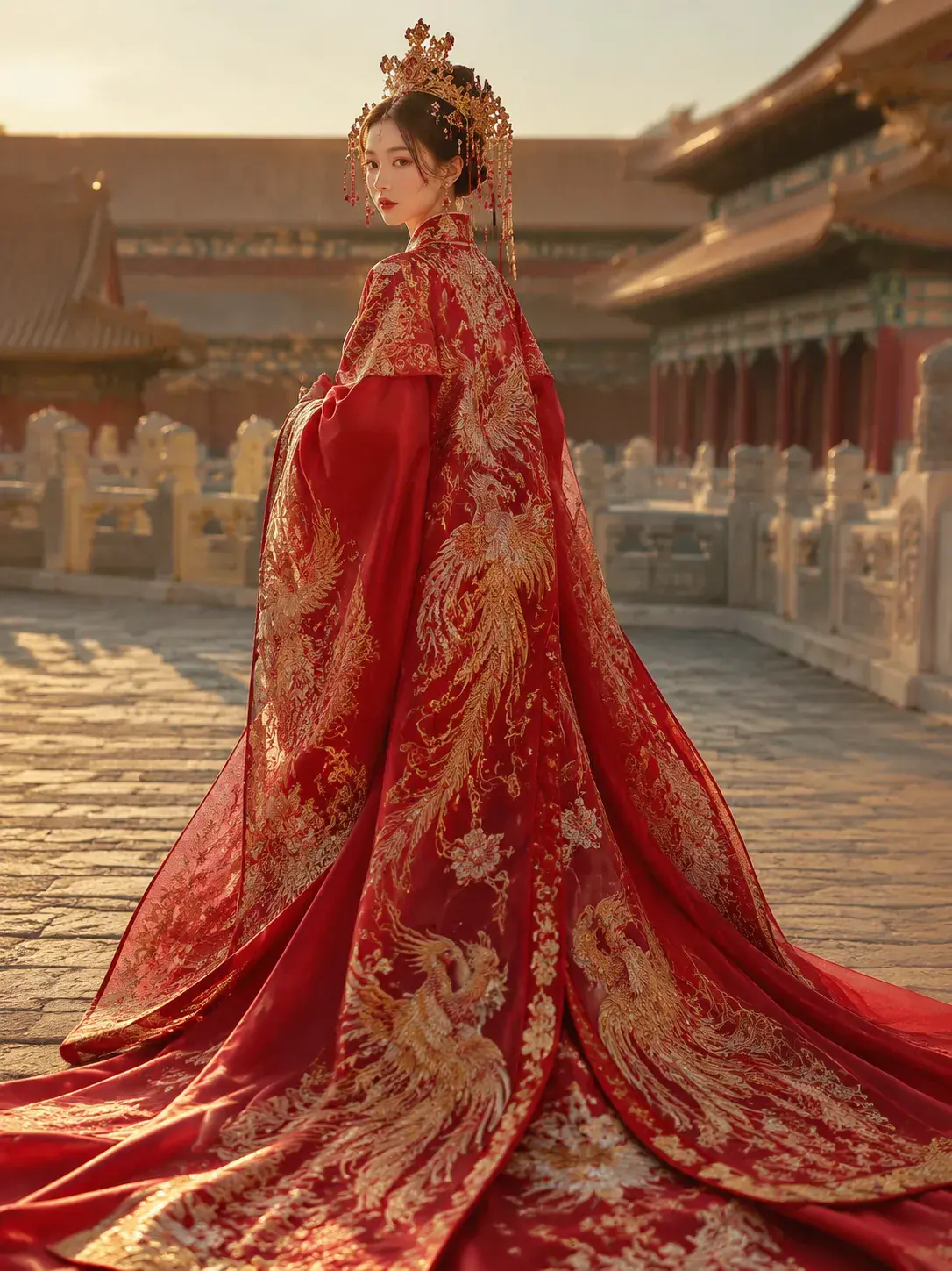 Bridal wedding Hanfu in luxurious red silk with gold phoenix embroidery